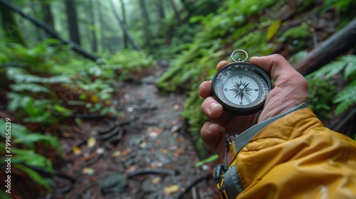 Compass Guidance on a Rainy Forest Trail. Navigating a trail in a lush, misty forest, an explorer uses a compass, a vital tool for orientation and journeying in nature.