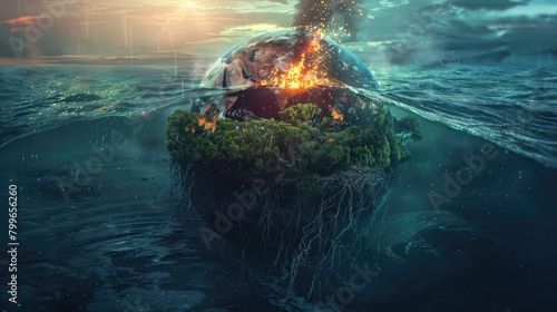 Global warming images  Show that the earth is sinking into the sea and a part of the earth is burning and the animals  humans  plants  and grass on top of the earth are sinking.
