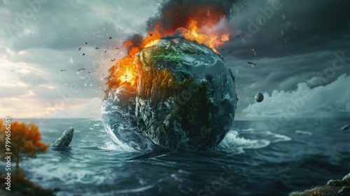 Global warming images, Show that the earth is sinking into the sea and a part of the earth is burning and the animals, humans, plants, and grass on top of the earth are sinking.