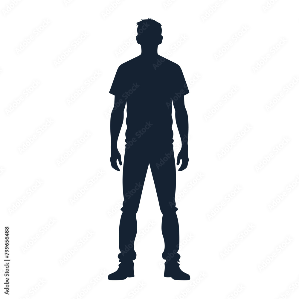 Single man standing black and white silhouette flat vector illustration