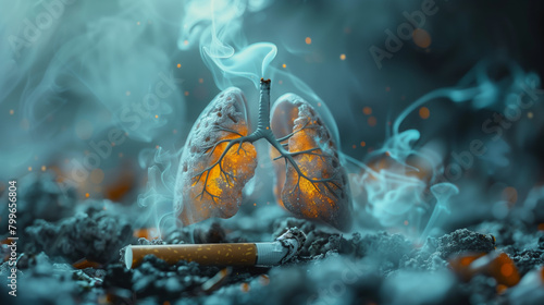 .A cigarette casts a shadow over a pair of lungs, its smoke swirling ominously, leaving behind a trail of destruction within