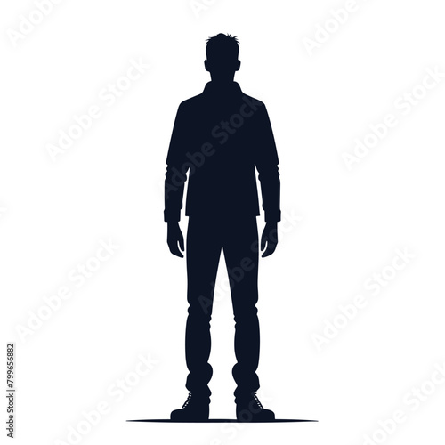Single man standing black and white silhouette flat vector illustration