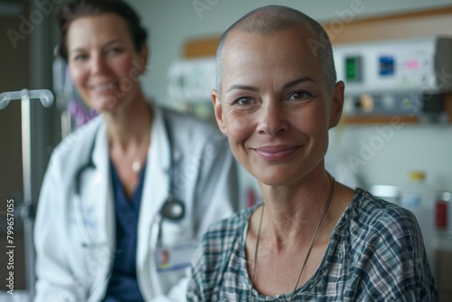 Supportive Healthcare Professional with Cancer Patient. Comforting female doctor with a stethoscope offers support to a brave bald cancer patient in a medical setting.