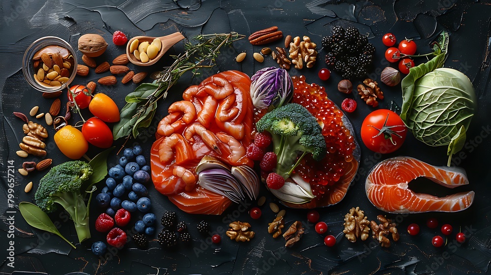  fresh salmon, vegetables, nuts, berries on black background, Foods to boost brain power, top view, copy space\n\n