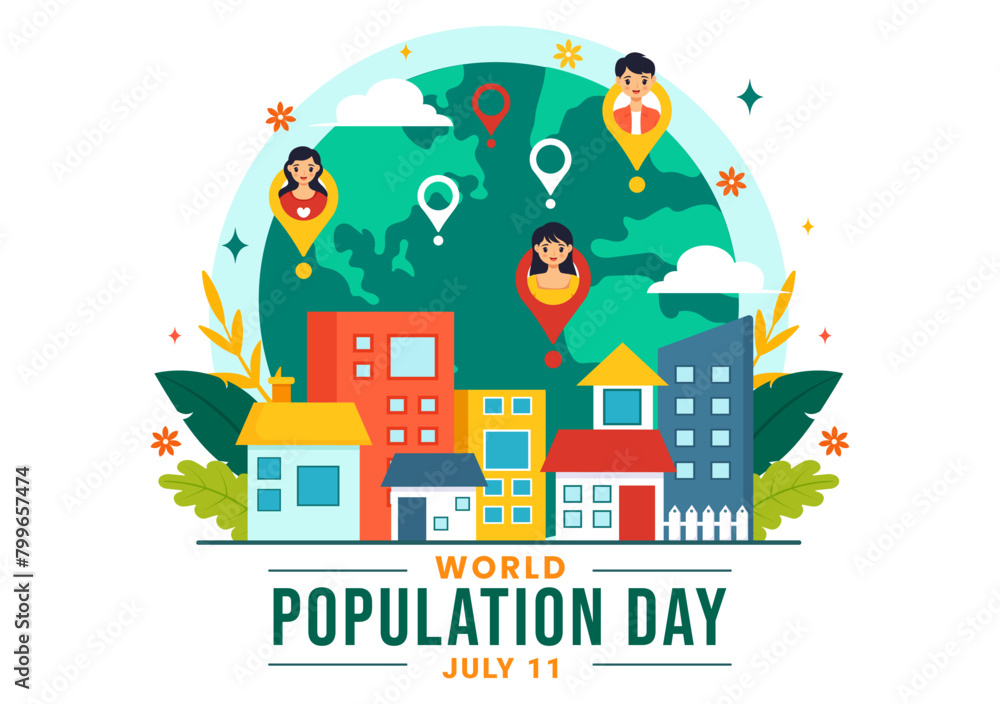 World Population Day Vector Illustration on 11th July To Raise Awareness Of Global Populations Problems in Flat Kids Cartoon Background