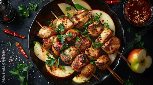 Chicken skewers with slices of apples and chili, Top view