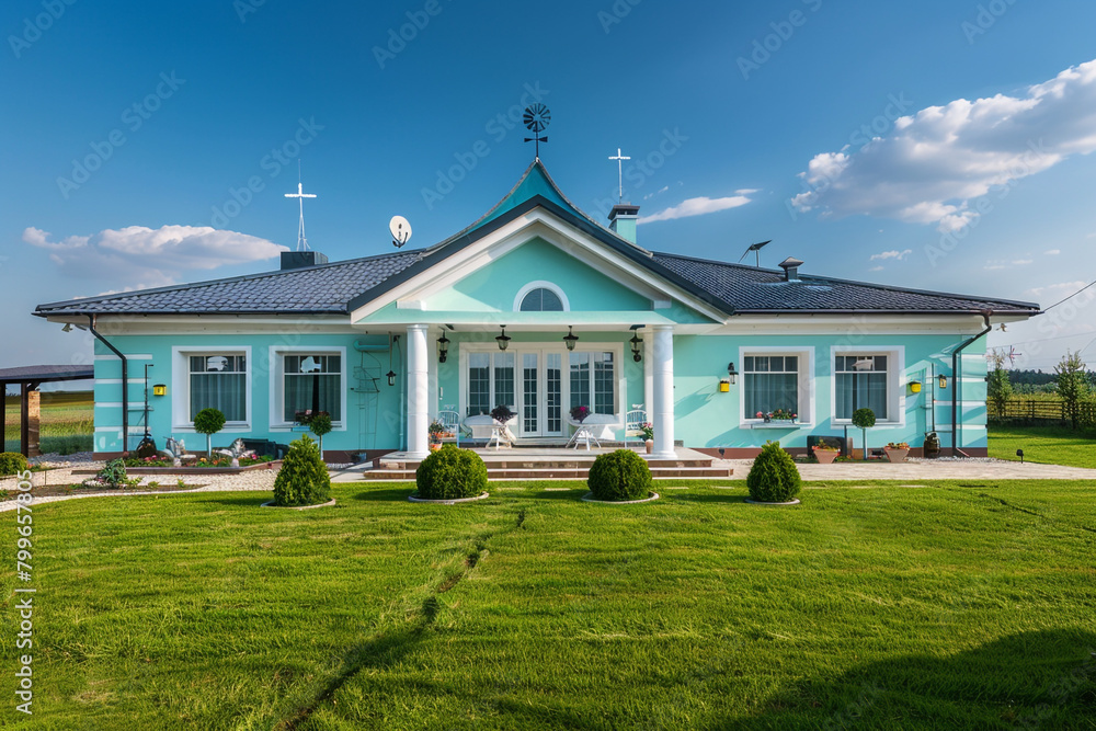 Full front view of a classic house in light azure, with a spacious lawn and a series of small, decorative windmills.