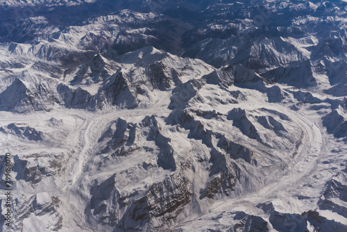 Aerial view of the Himalayas covered with white snow at Lah Province, Ladakh India.