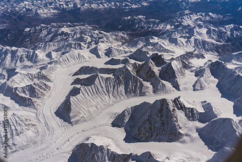 Aerial view of the Himalayas covered with white snow at Lah Province, Ladakh India.