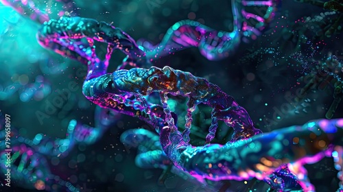 Abstract DNA strands in vibrant shades of teal and purple