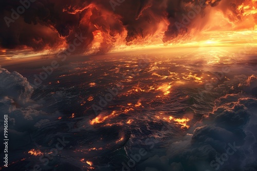 Global warming images, The earth is burning in flames and is drowning in water, global warming concept arts