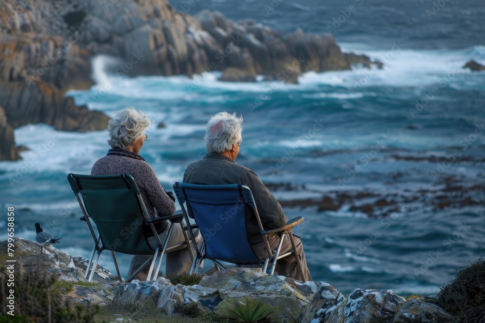 Retirement images, Two elderly woman and man sitting on the beach after retirement
