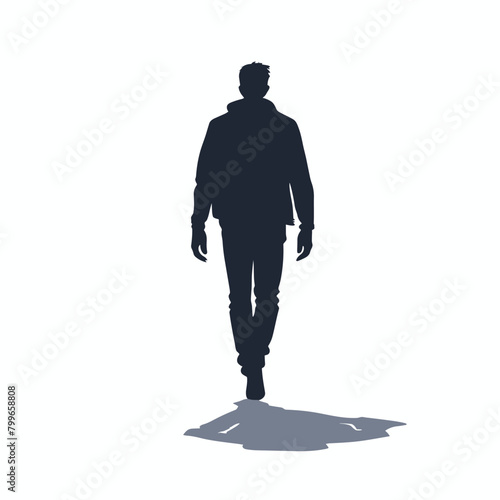 Silhouette of a man walking away, casting a long shadow on a white background.