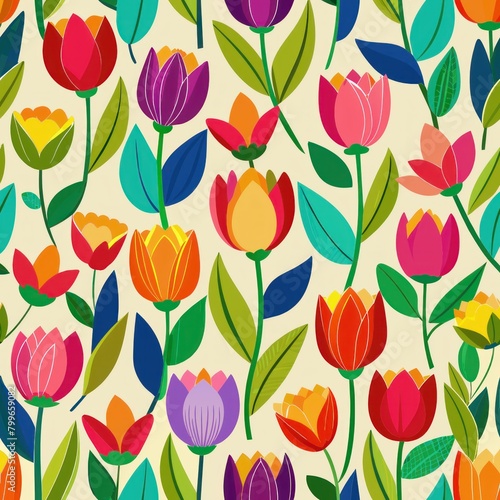 Seamless pattern of blooming tulips in a rainbow of colors, Generative AI