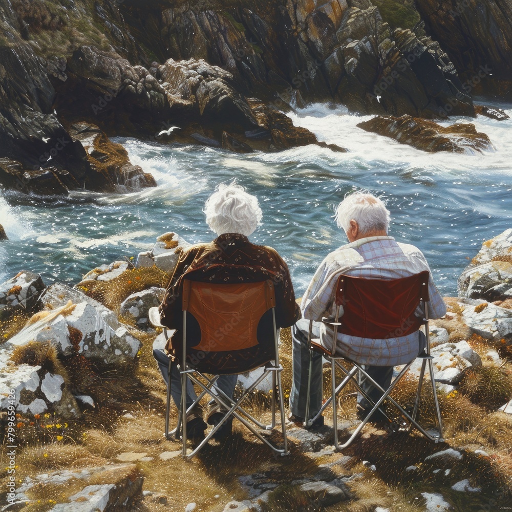 Retirement images, Two elderly woman and man sitting on the beach after retirement