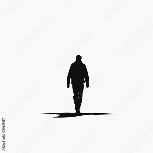 Silhouette of a lone man walking against a stark white background.