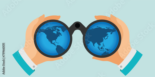 Businessman look through binoculars with world map.