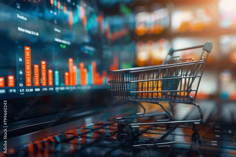 Shopping Cart Over Digital Stock Market Background. Miniature shopping cart on a laptop keyboard with a vibrant stock market data background symbolizes the intersection of e-commerce and finance. Shopping Cart Over Digital Stock Market Background. Miniature shopping cart on a laptop keyboard with a vibrant stock market data background symbolizes the intersection of e-commerce and finance.