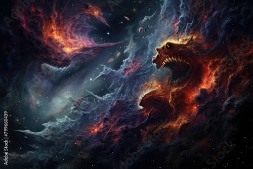 Nebula Nightmares: Creatures emerging from a colorful nebula in deep space. photo