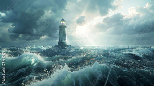 Illustration of ocean landscape. Lighthouse in rainy weather © bit24