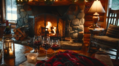 A cozy fireplace surrounded by cozy chairs where guests are gathered to share funny stories and heartfelt toasts.