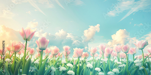Illustration of  pink tulips field. Spring landscape banner