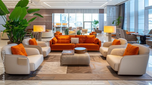 Modern First-Class Lounge with Vibrant Seating. Bright and inviting first-class lounge in an airport with vibrant orange sofas and contemporary decor. photo