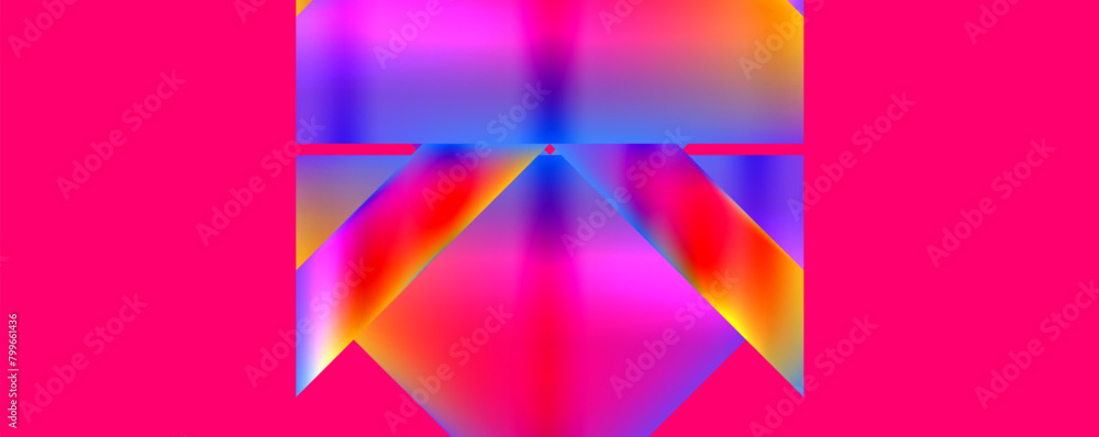 An electric blue rectangle with a colorful geometric pattern featuring triangles and symmetry on a pink background with shades of violet, magenta, and purple
