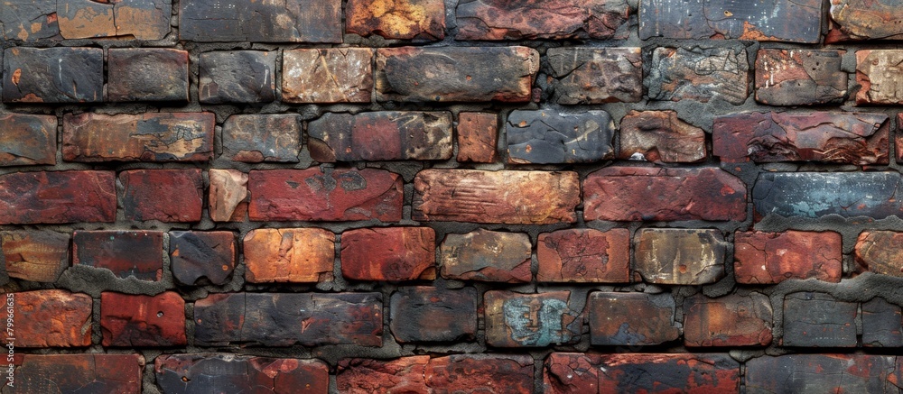 Obraz premium Detailed view of an aged brick wall with extensive rust and corrosion spreading across the surface