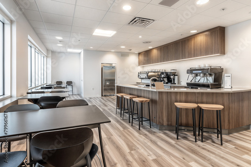 Empty office break room, modern cafe-style setup with an espresso machine and seating area