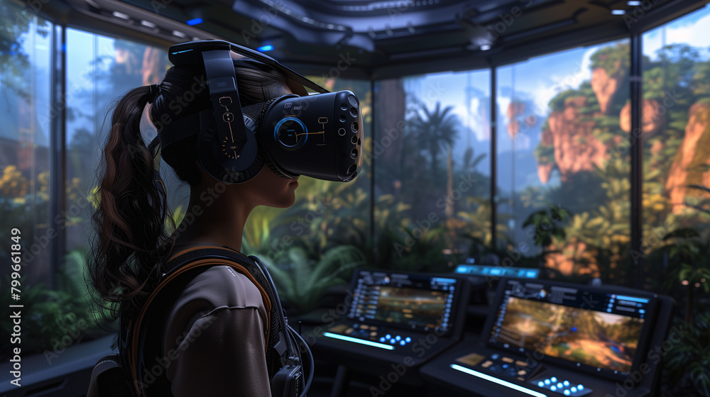Woman Experiencing Virtual Jungle in VR Room. Woman immerses herself in a virtual reality jungle, standing in a high-tech VR chamber with panoramic screens. Woman Experiencing Virtual Jungle in VR Room. Woman immerses herself in a virtual reality jungle, standing in a high-tech VR chamber with panoramic screens.