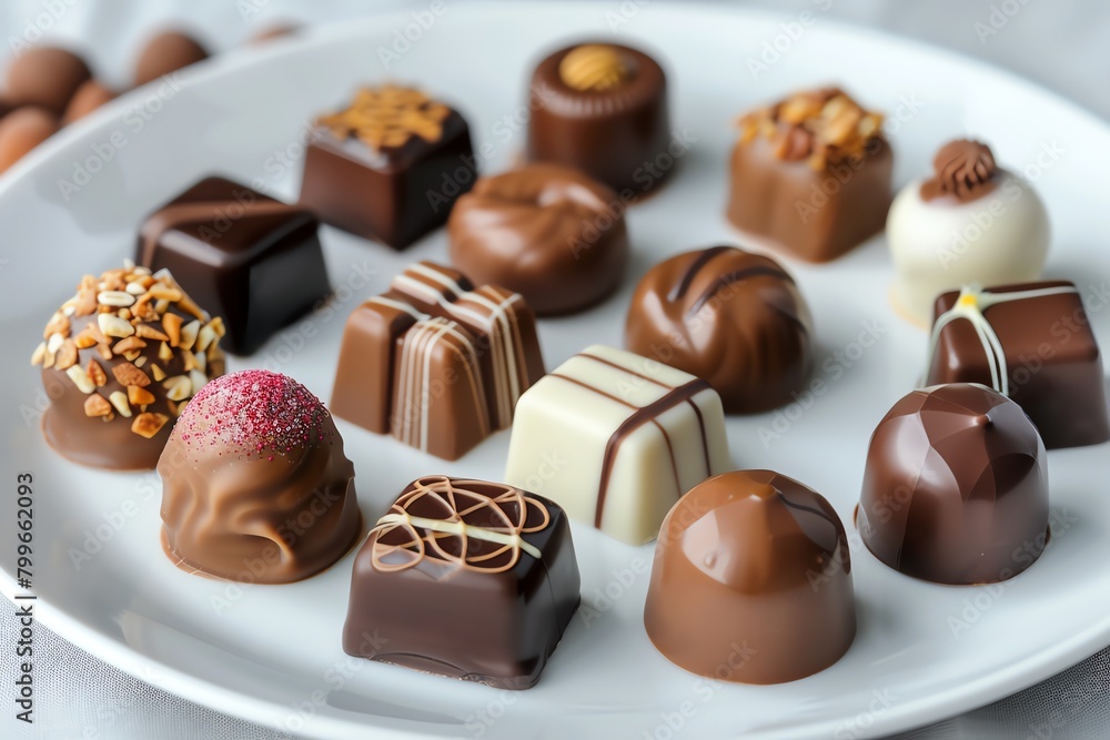 An assortment of gourmet chocolates displayed elegantly on a pure white plate An assortment of gourmet chocolates displayed elegantly on a pure white plate