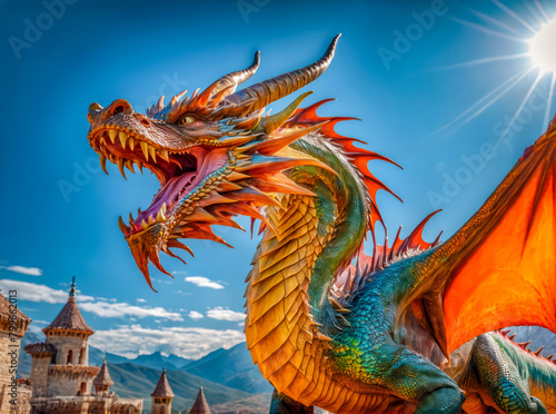 Dragons and Fantasy in Artificial Intelligence . Close up of vibrant dragon