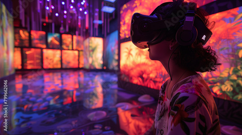 Colorful VR Experience in Dynamic Light Room. Individual explores a kaleidoscopic virtual world, surrounded by vibrant lights and digital displays.