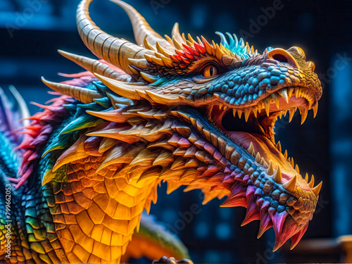 Dragons and Fantasy in Artificial Intelligence . Close up of vibrant dragon