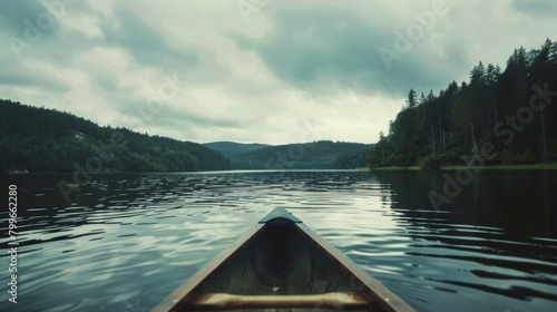 A canoe is seen floating in the middle of a vast lake, surrounded by clear blue water under a bright sky. The paddles rest still as the canoe gently moves with the water.