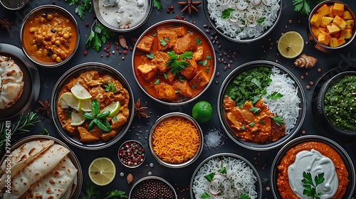 Dishes of indian cuisine, Curry, butter chicken, rice, lentils, paneer, samosa, spices, Bowls and plates with indian foodon dark on dark background, Top view, 