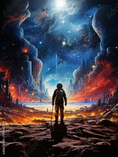 An imaginative watercolor painting featuring a serene astronaut watching vibrant fireworks erupting from a volcanic crater , oil paint colorful 3d animation
