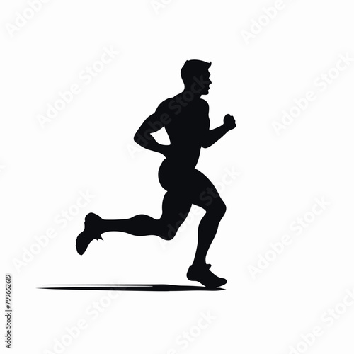 Silhouette of a fit man running against a stark white background, emphasizing motion and athleticism.