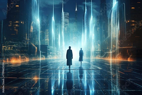 Holographic Haunt: Holographic ghosts haunting a futuristic city.