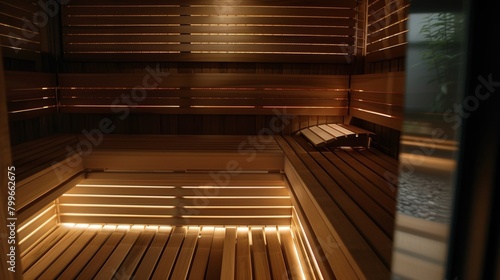 Privacy screens around each sauna bench providing a sense of seclusion for guests..