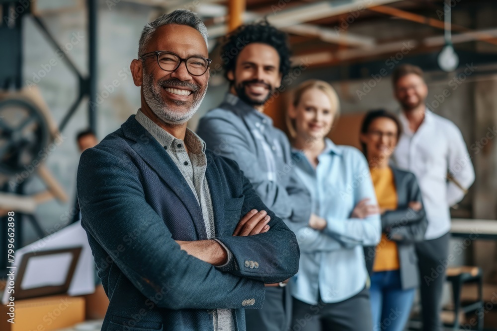 Portrait of a smiling senior businessman standing with his team in the background Portrait of a smiling senior businessman standing with his team in the background