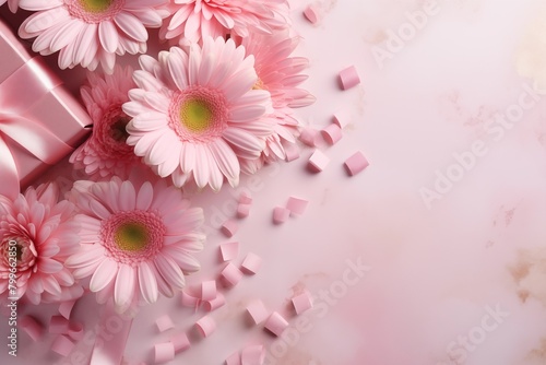 Pink gerber daisy mock up template presentation. copy text space. top view 
