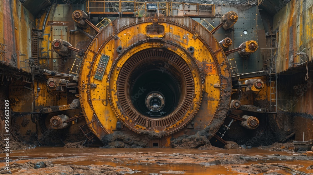 Giant Tunnel Boring Machine in Operation Site. Massive tunnel boring machine's face, covered in mud, at a construction site, showcasing the scale of underground engineering.