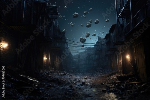 Asteroid Alley: A spooky alley formed by floating asteroids in space. © OhmArt