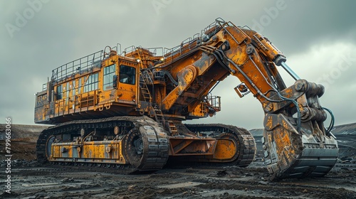 A hydraulic excavator with large tracks on each side