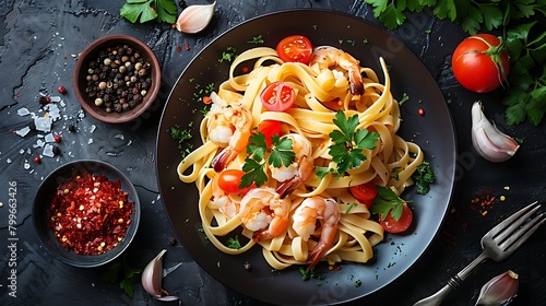 Fettuccine pasta with shrimp  tomatoes and herbs  Top view