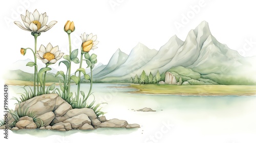 Majestic view of a mountainous landscape dotted with mountain flowers and mok trees, showcasing the rugged beauty and diversity of highaltitude flora photo