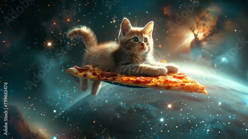 Cat floating through outer space, riding a giant slice of pizza as a makeshift spaceship