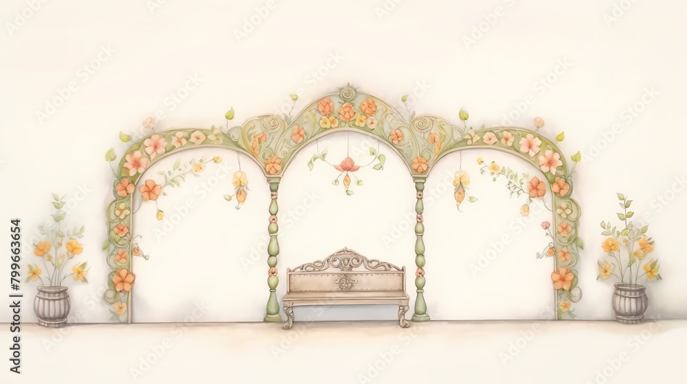 Romantic setup of blushing bride and marigold flowers in a vintage garden, perfect for a quaint and colorful wedding backdrop